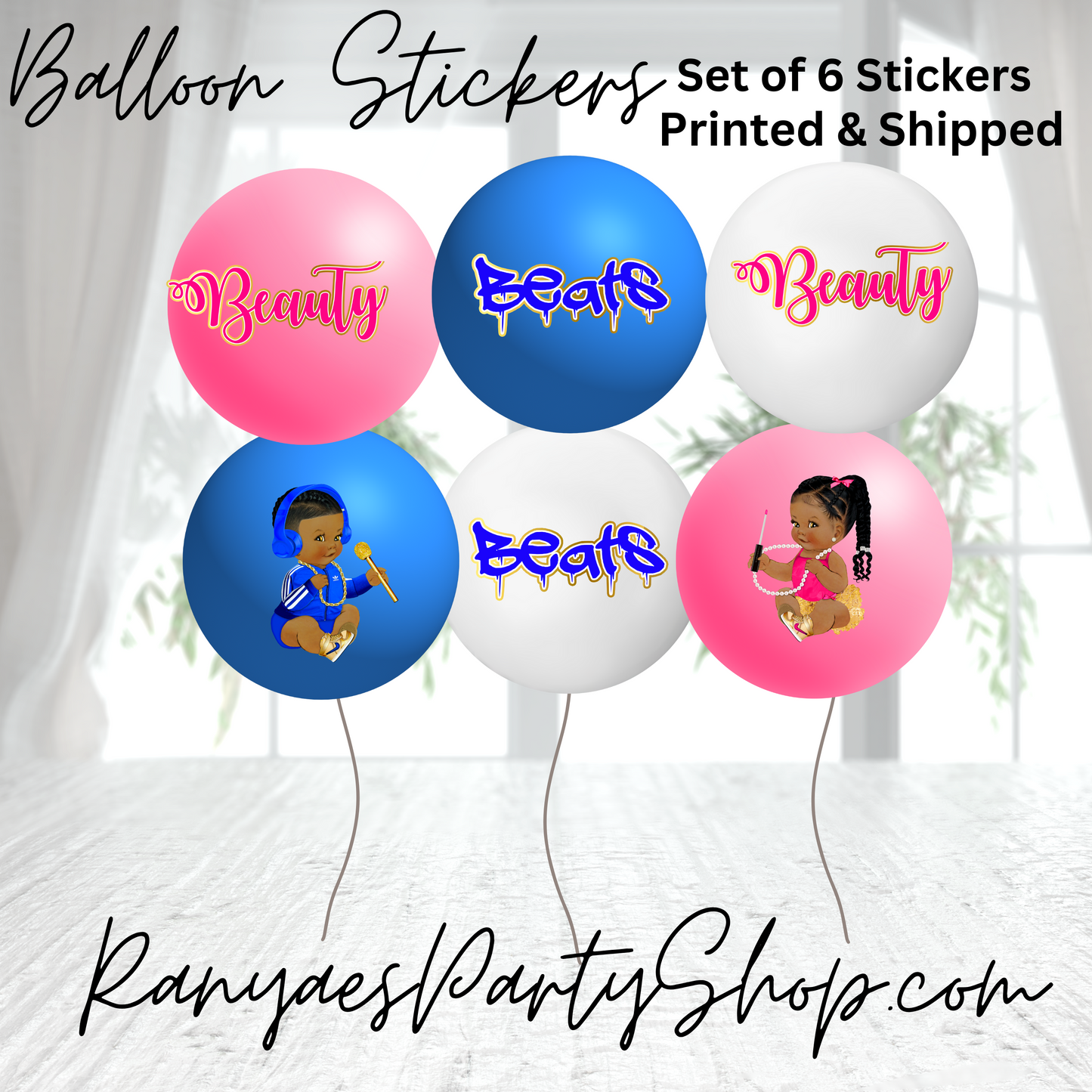 Beauty or Beats Balloon Stickers | Set of 6 Stickers | Beauty or Beats Gender Reveal | Balloon Stickers | Gender Reveal