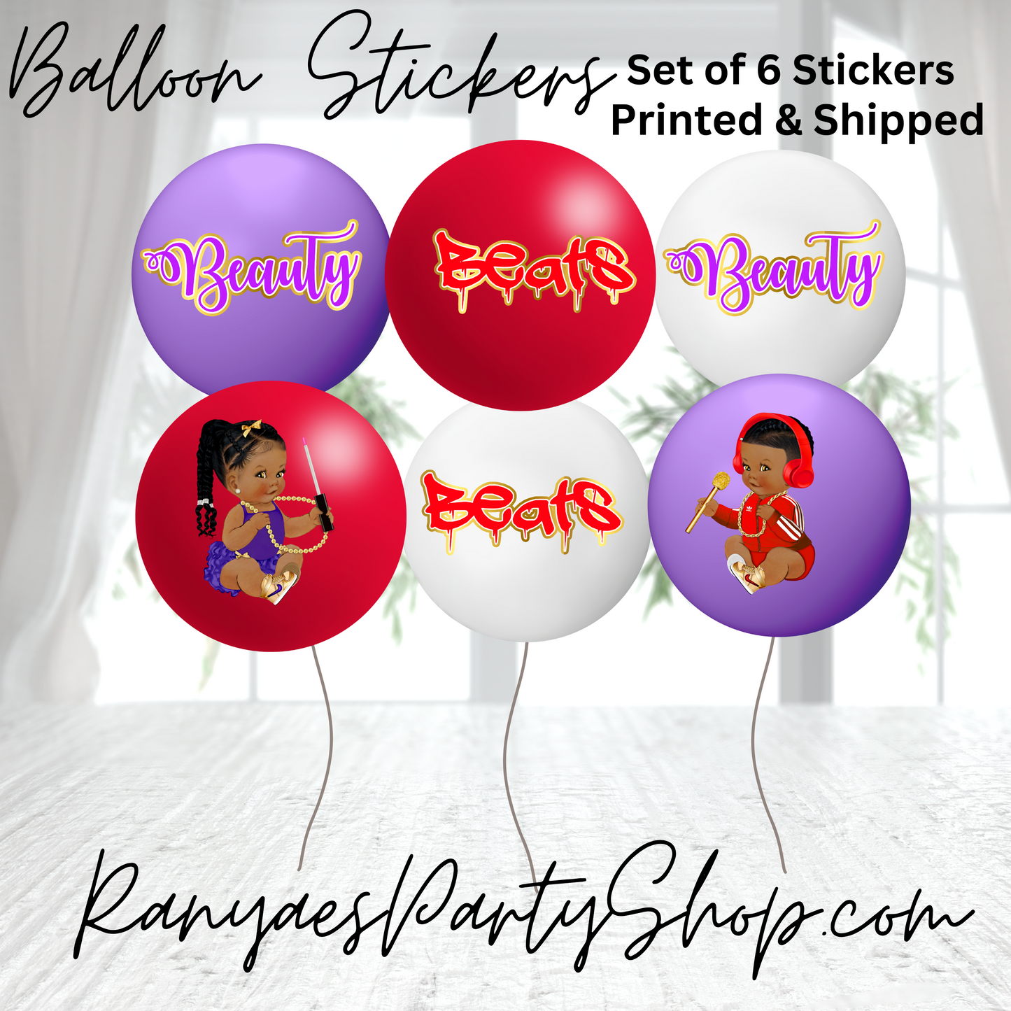 Beauty or Beats Balloon Stickers | Set of 6 Stickers | Beauty or Beats Gender Reveal | Balloon Stickers | Gender Reveal