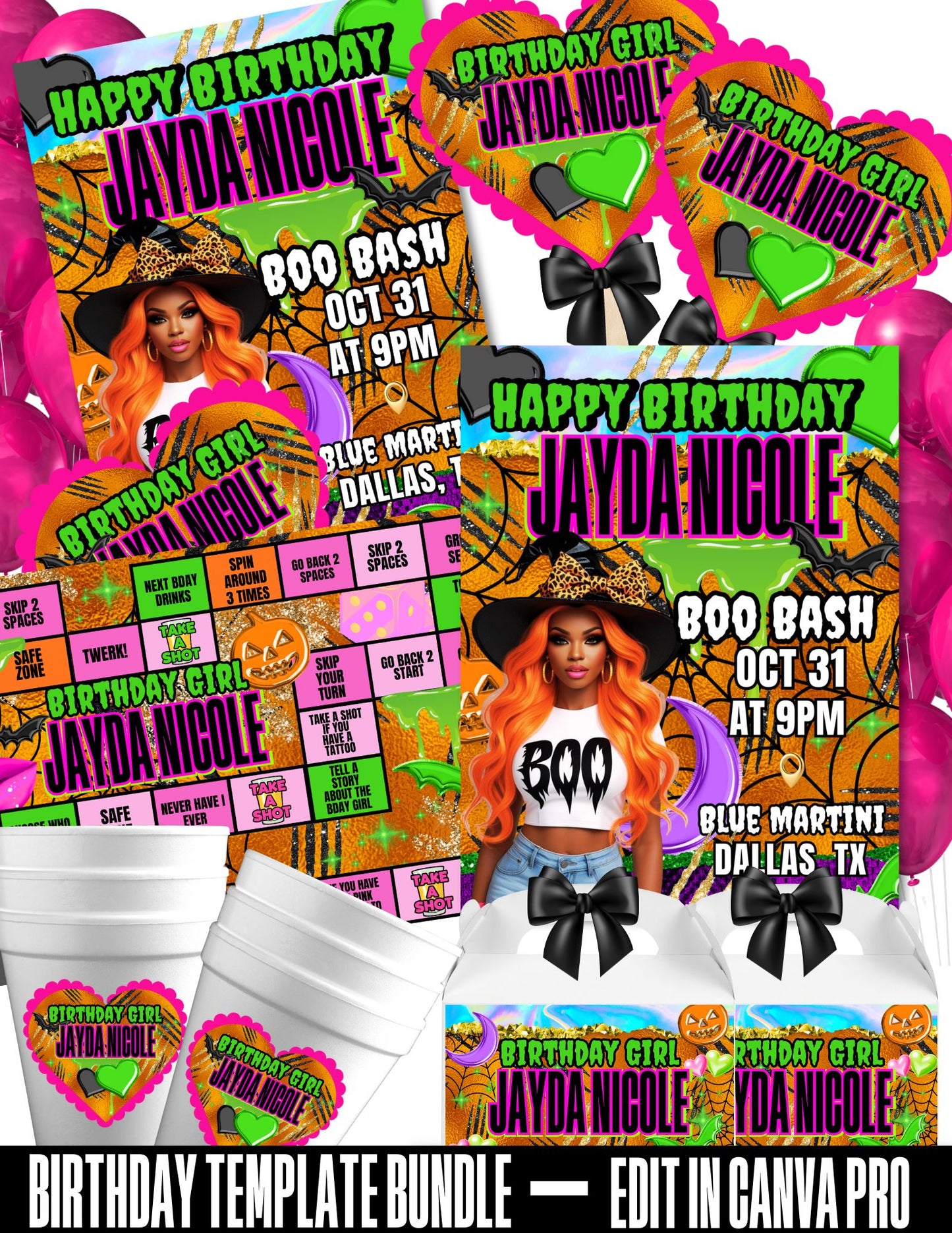 Neon Halloween Digital Party Package | Adult Party Bundle | Edit with CANVA PRO | Digital File Only