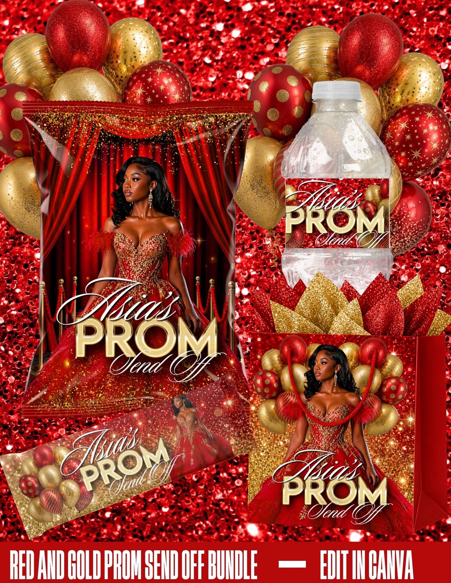Red and Gold Digital Prom Party Package | Edit Text with CANVA | Prom Send Off | Prom Favor Bundle