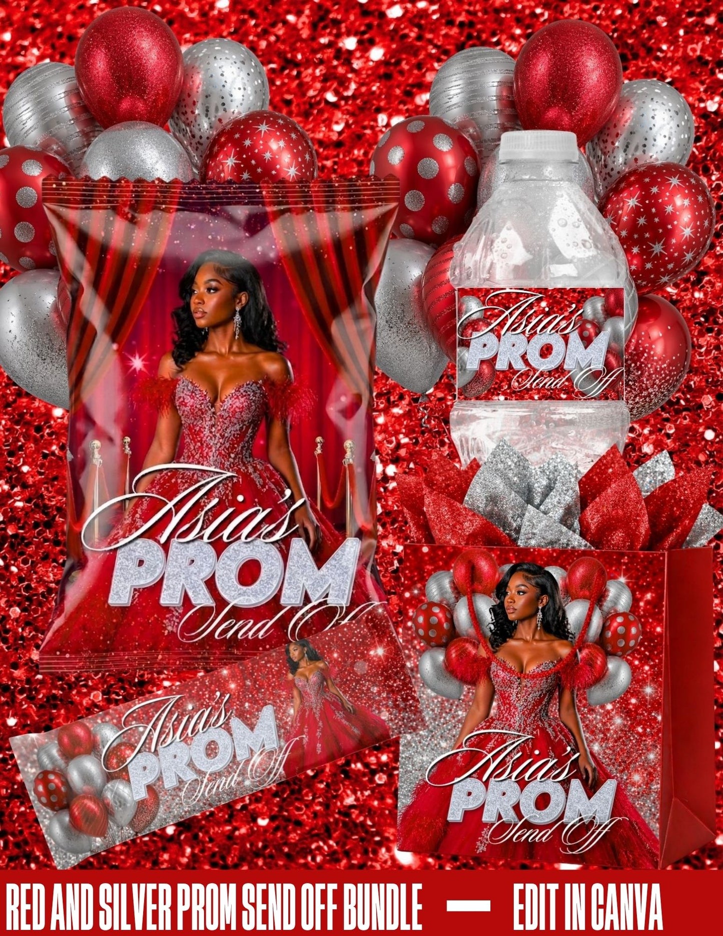 Red and Silver Digital Prom Party Package | Edit Text with CANVA | Prom Send Off | Prom Favor Bundle