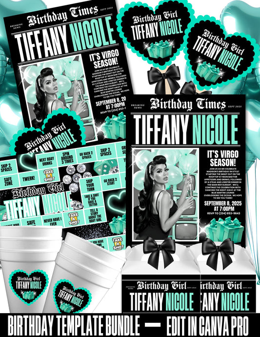 Tiffany Inspired Newspaper Digital Party Package | Adult Party Bundle | Edit with CANVA PRO | Digital File Only
