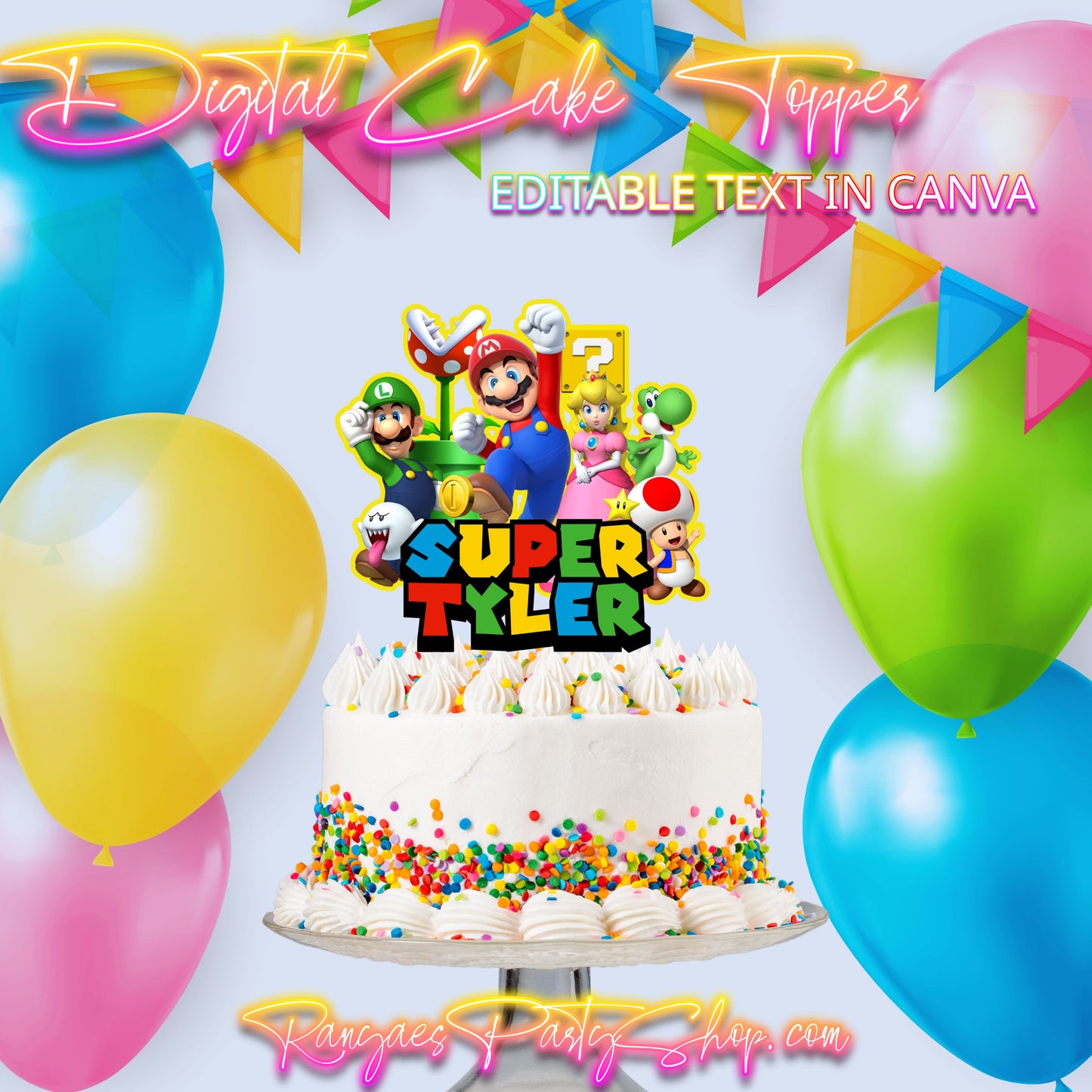 Super Mario Digital Cake Topper | Super Mario Party | Edit Text with Canva | Digital File Only