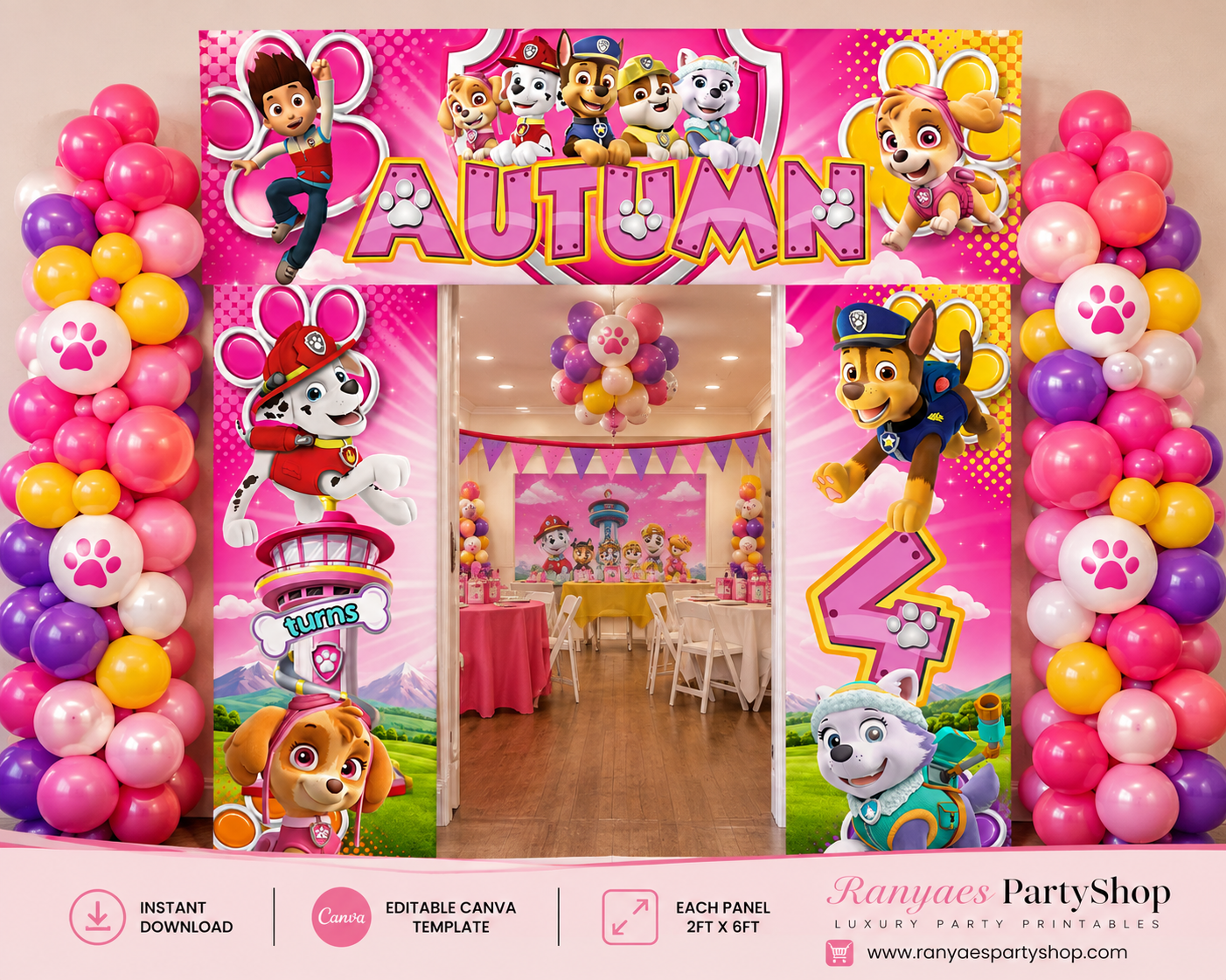 Paw Patrol Girl Birthday Archway Template | Editable Canva Party Entrance | 2ft x 6ft Panels