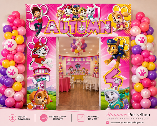 Paw Patrol Girl Birthday Archway Template | Editable Canva Party Entrance | 2ft x 6ft Panels