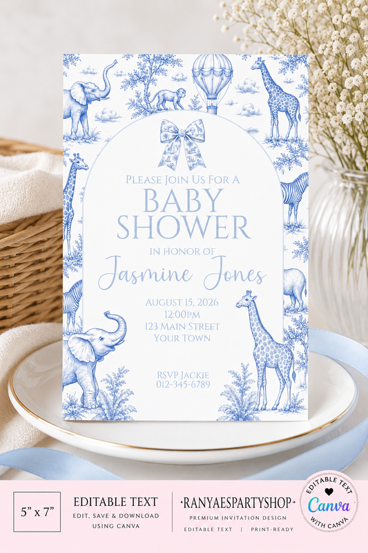 Blue Toile Safari Baby Shower Invitation | Editable Canva Template | Digital Download