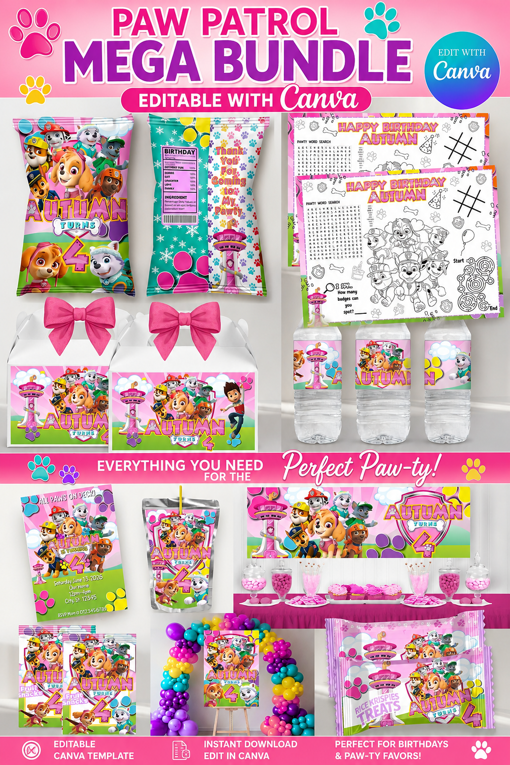 Paw Patrol Girl MEGA Party Bundle | Edit Text with Canva | Paw Patrol Girl Favor Bundle | Digital Files