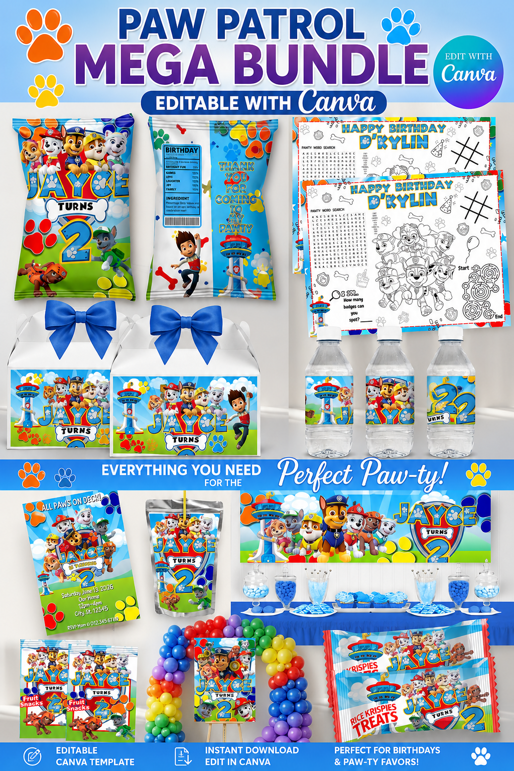 Paw Patrol MEGA Party Bundle | Edit Text with Canva | Paw Patrol Favor Bundle | Digital Files
