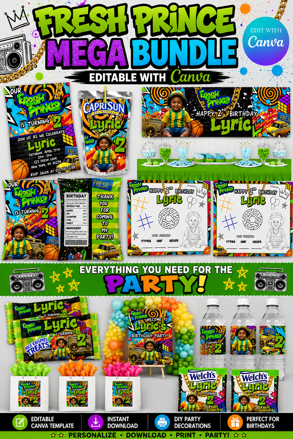 Fresh Prince MEGA Party Bundle | Edit Text with Canva | Fresh Prince Favor Bundle | Digital Files