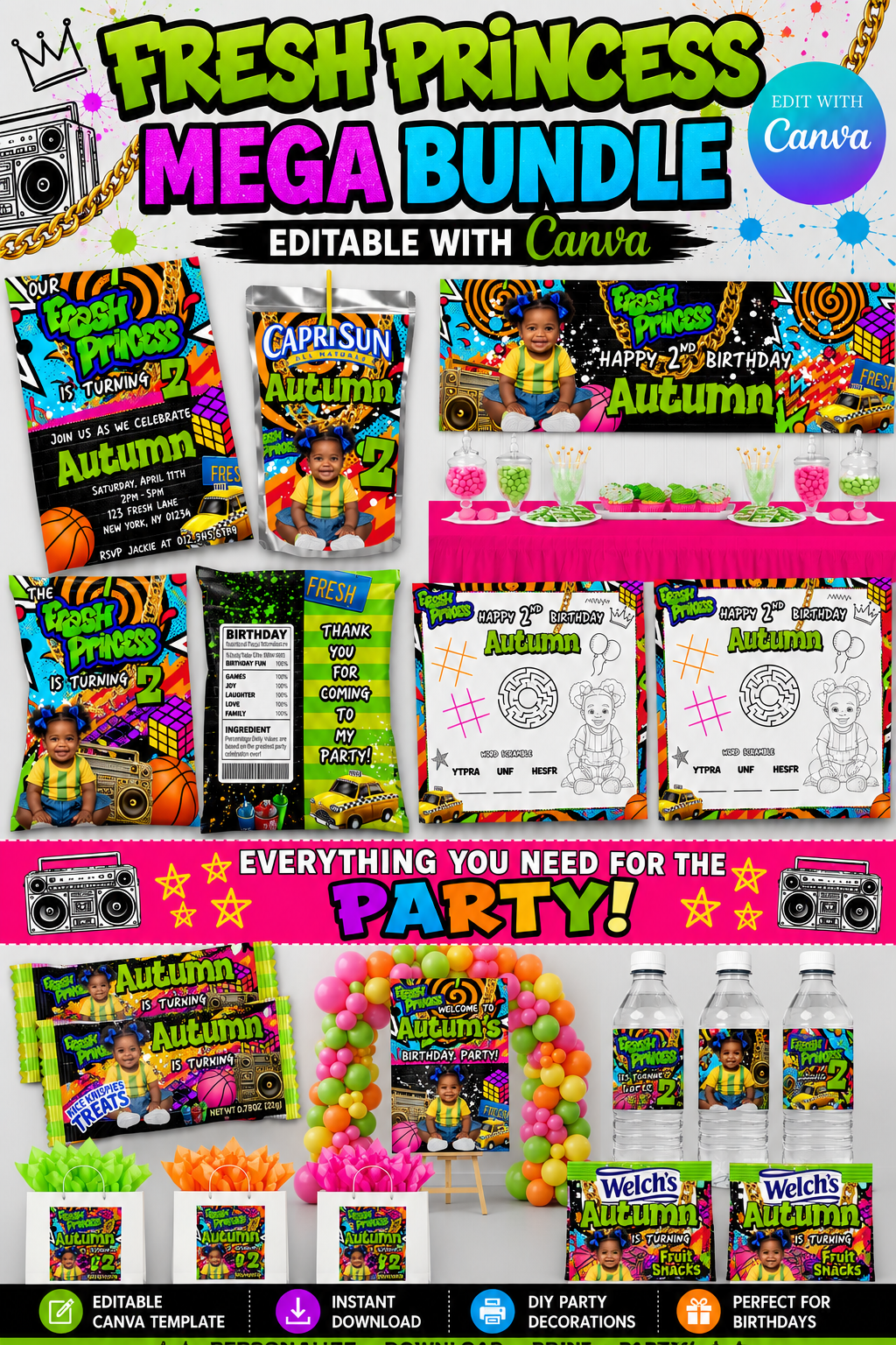 Fresh Princess MEGA Party Bundle | Edit Text with Canva | Fresh Princess Favor Bundle | Digital Files