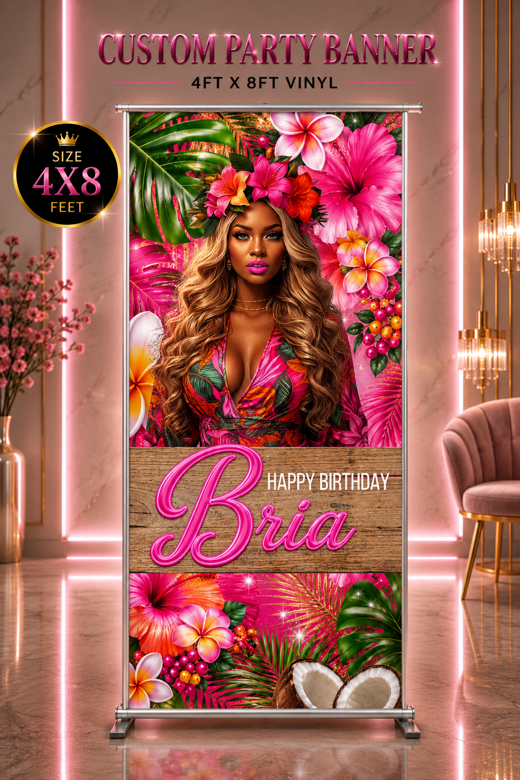 Tropical Glam Birthday Banner | Aloha Tropical Birthday Banner | Personalized Glam Party Decor