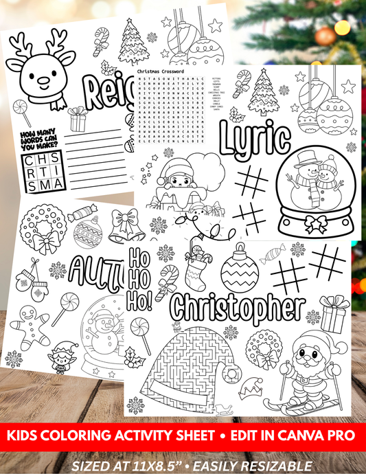 Christmas Coloring Activity Sheets | Edit with CANVA PRO | Christmas Coloring Fun | Kids Activity Sheet | Digital File