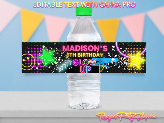 Glow Up Digital Water Bottle Label | Glow Up Party Favors | Edit Text with CANVA PRO | Digital File