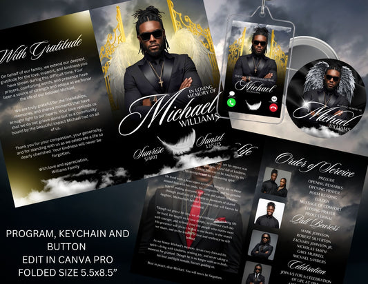 Black Theme Memorial Bundle | Funeral Program, Keychain, Button, Shirt Design| Edit with CANVA PRO | Digital Files