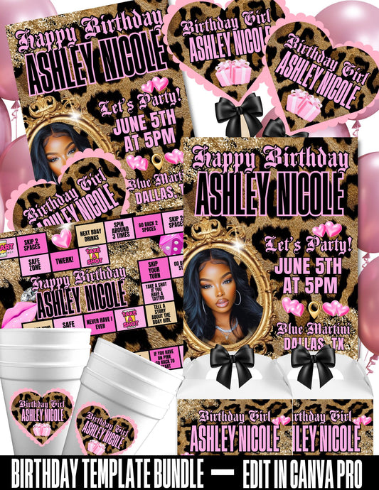 Pink Cheetah Digital Party Package | Adult Party Bundle | Edit with CANVA PRO | Digital File Only