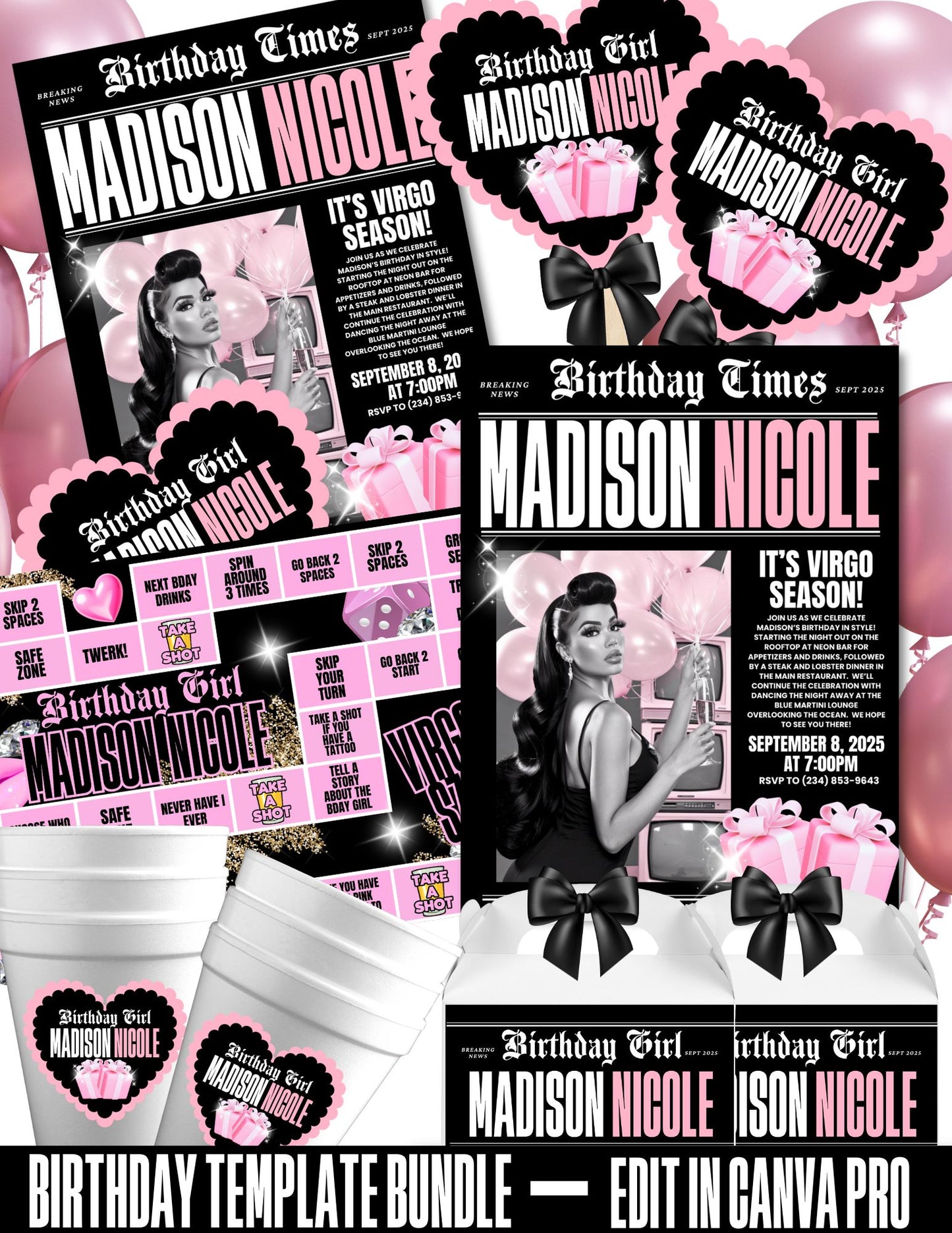 Pink and Black Newspaper Digital Party Package | Adult Party Bundle | Edit with CANVA PRO | Digital File Only
