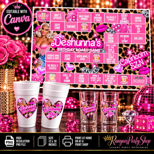 Pink Cheetah Birthday Game Board Set | Editable Canva Game Template | Adult Custom Party Items | 12x18 Game Board