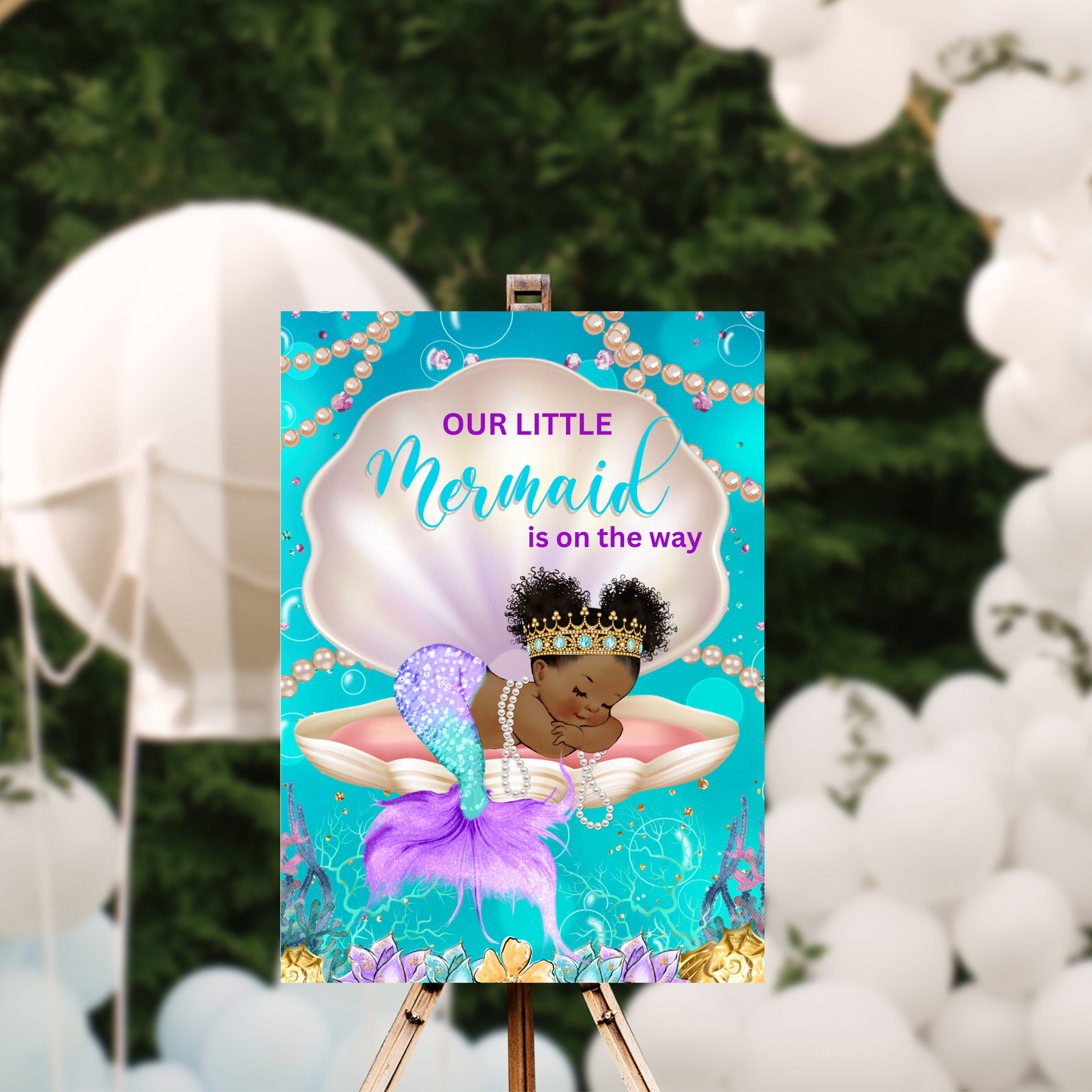 Mermaid Baby Shower Welcome Sign | Editable Canva | Mermaid Baby Shower | African American Mermaid Baby Shower