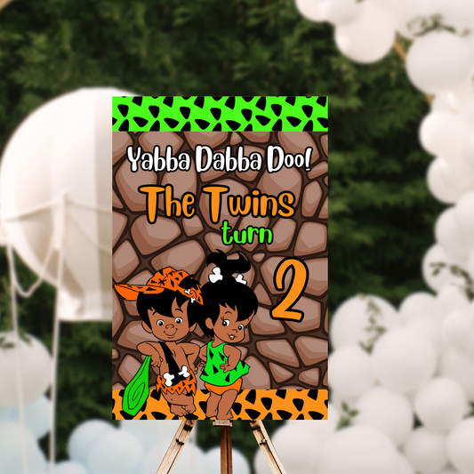 African American Bam Bam & Pebbles Party Sign | Edit Text with Canva | Digital Poster | Edit | Save | Download | Print