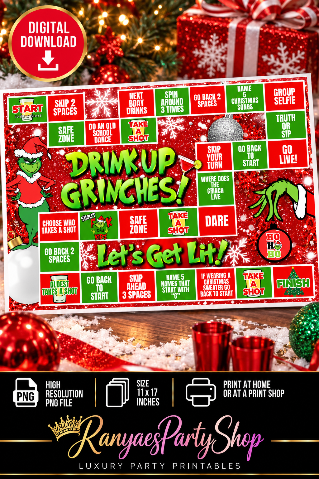 Drink Up Grinches | 11x17 Printable Party Game Board | Digital Download | Christmas Party Games & Adult Party Games
