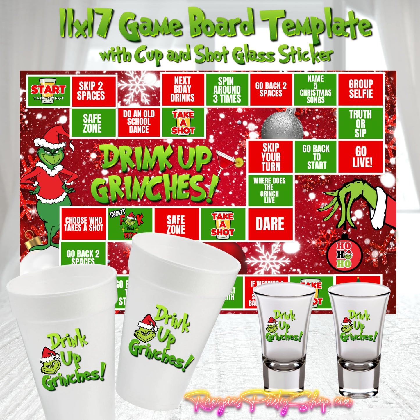 Drink Up Grinches Game Board Template | Christmas Party Game | Editable with CANVA PRO | 11x17 Game Board Digital File