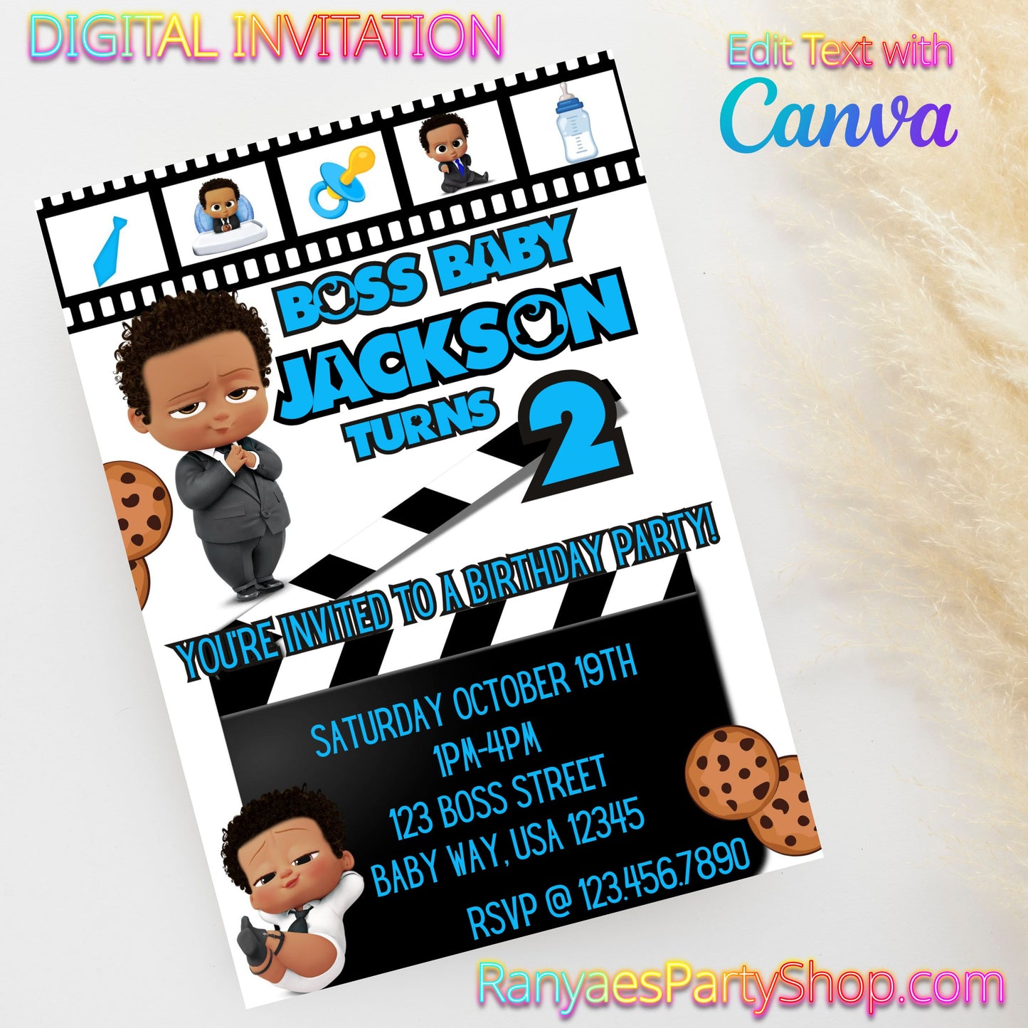 African American Boss Baby 5x7 Digital Invitation | Boss Baby Party Invite | Edit Text with Canva | Birthday Party Invitation | Digital File Only