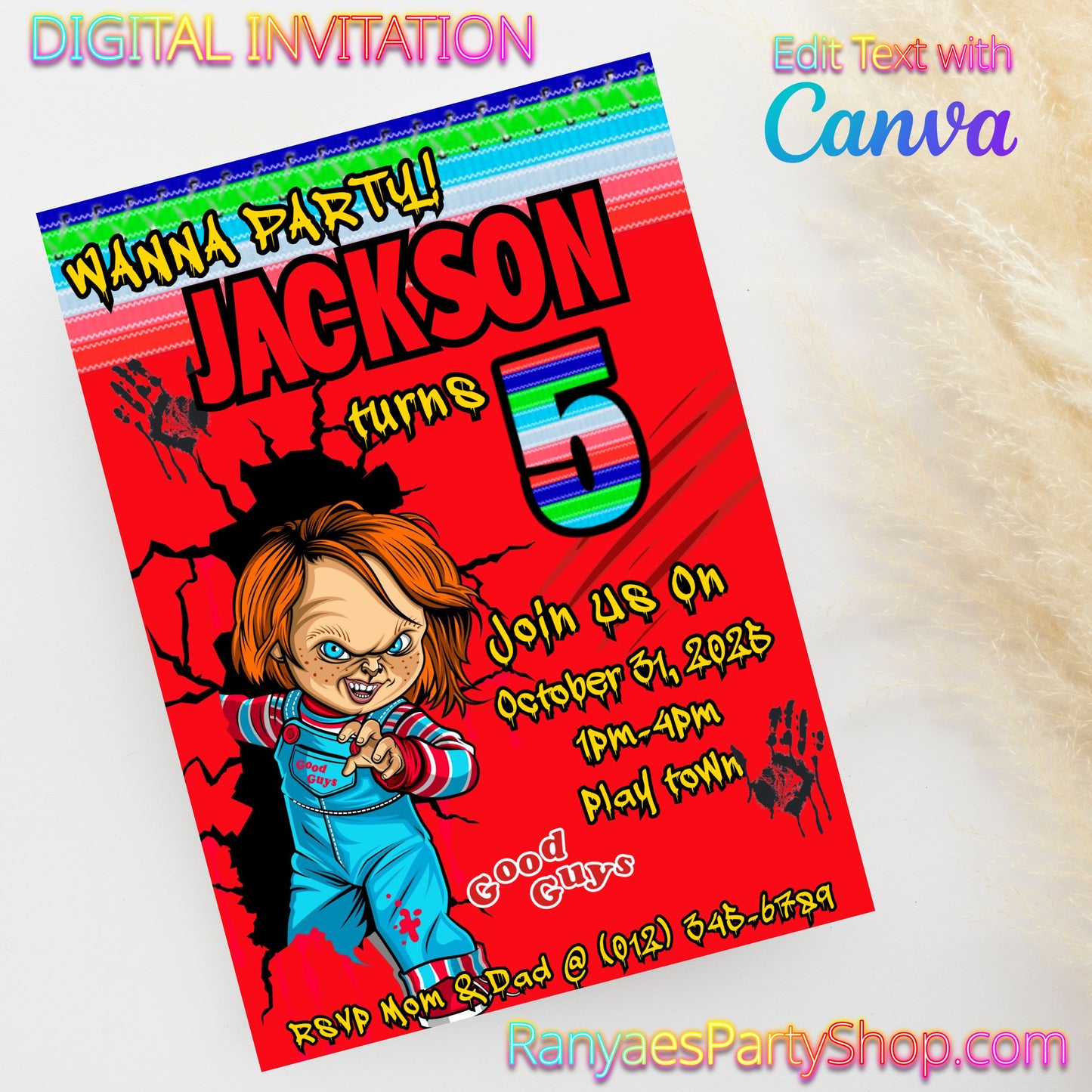 Chucky 5x7 Digital Invitation | Chucky Party Invite | Edit Text with Canva | Birthday Party Invitation | Digital File Only