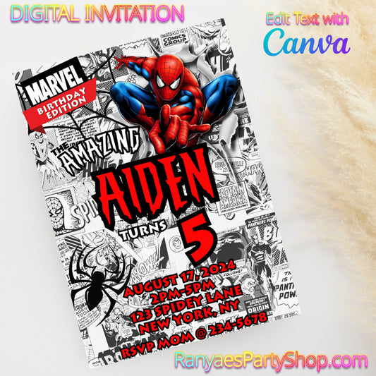 Spiderman 5x7 Digital Invitation | Spiderman Party Invite | Edit Text with Canva | Birthday Party Invitation | Digital File Only