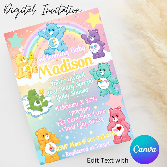 Care Bears Pastel 5x7 Digital Invitation | Editable Text with Canva | You Save | You Download | You Print | Digital File Only