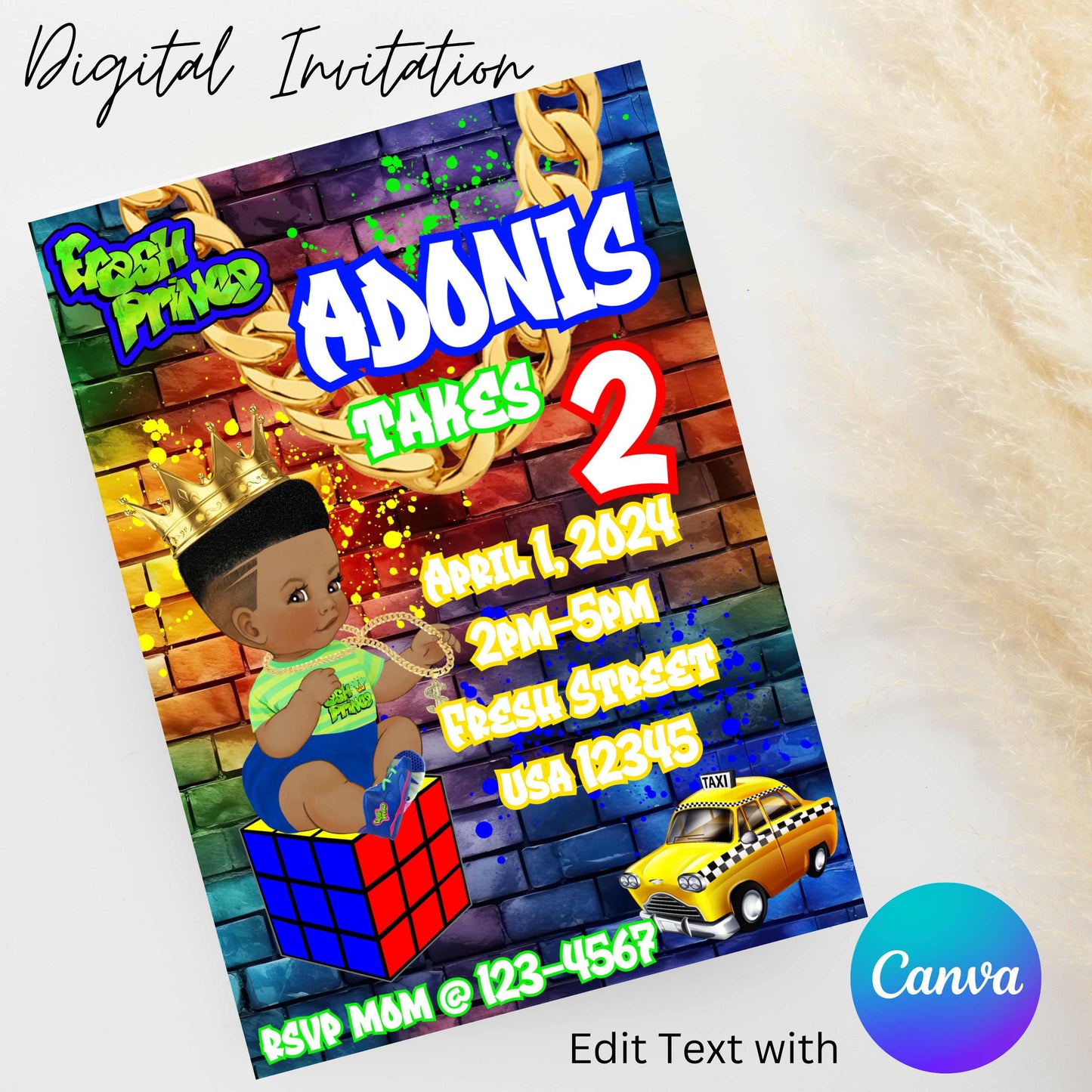 Fresh Prince 5x7 Digital Invitation | Editable Text with Canva | You Save | You Download | You Print | DIGITAL FILE ONLY