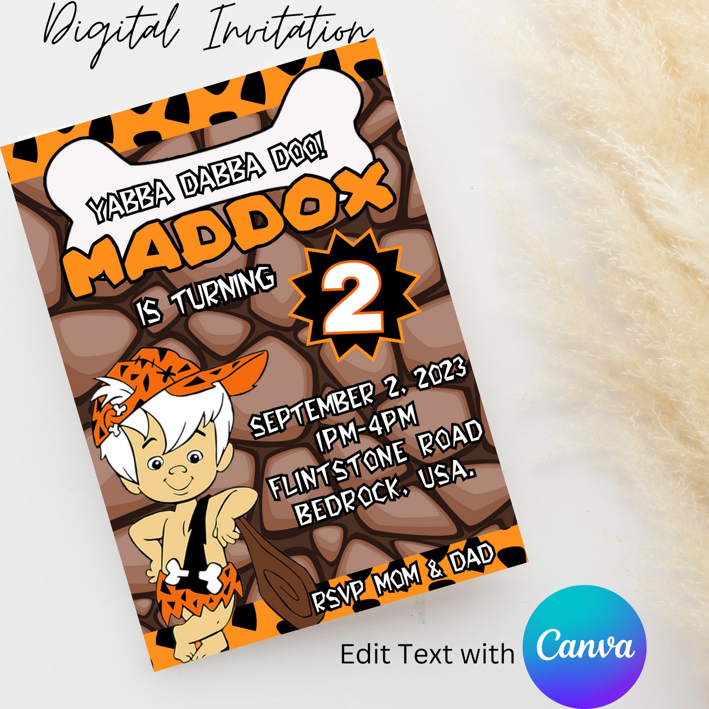 Bam Bam 5x7 Digital Invitation | Editable Text with  Canva | You Save | You Download | You Print | Digital File Only