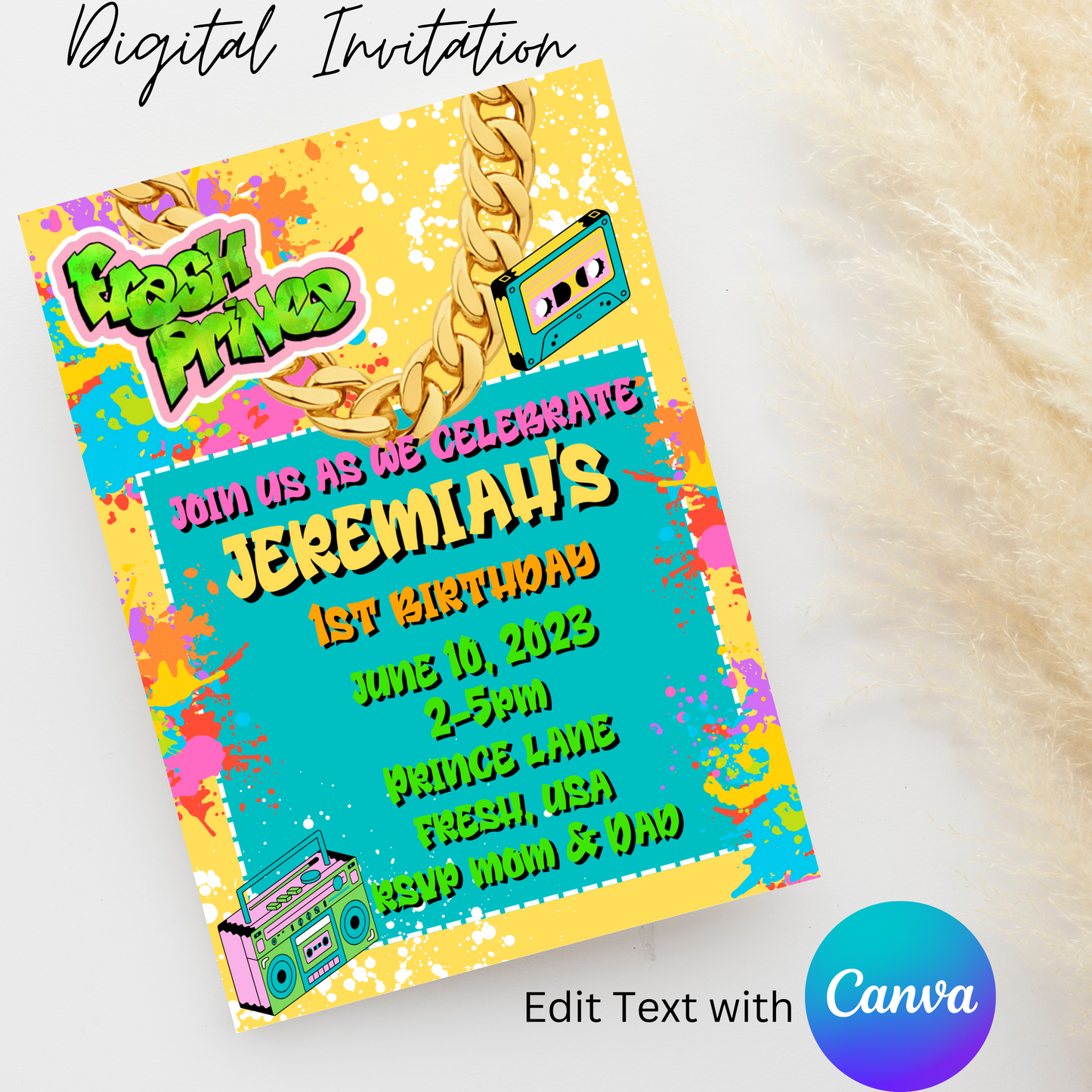 Fresh Prince 5x7 Digital Invitation | Editable Text with  Canva | You Save | You Download | You Print | DIGITAL FILE ONLY
