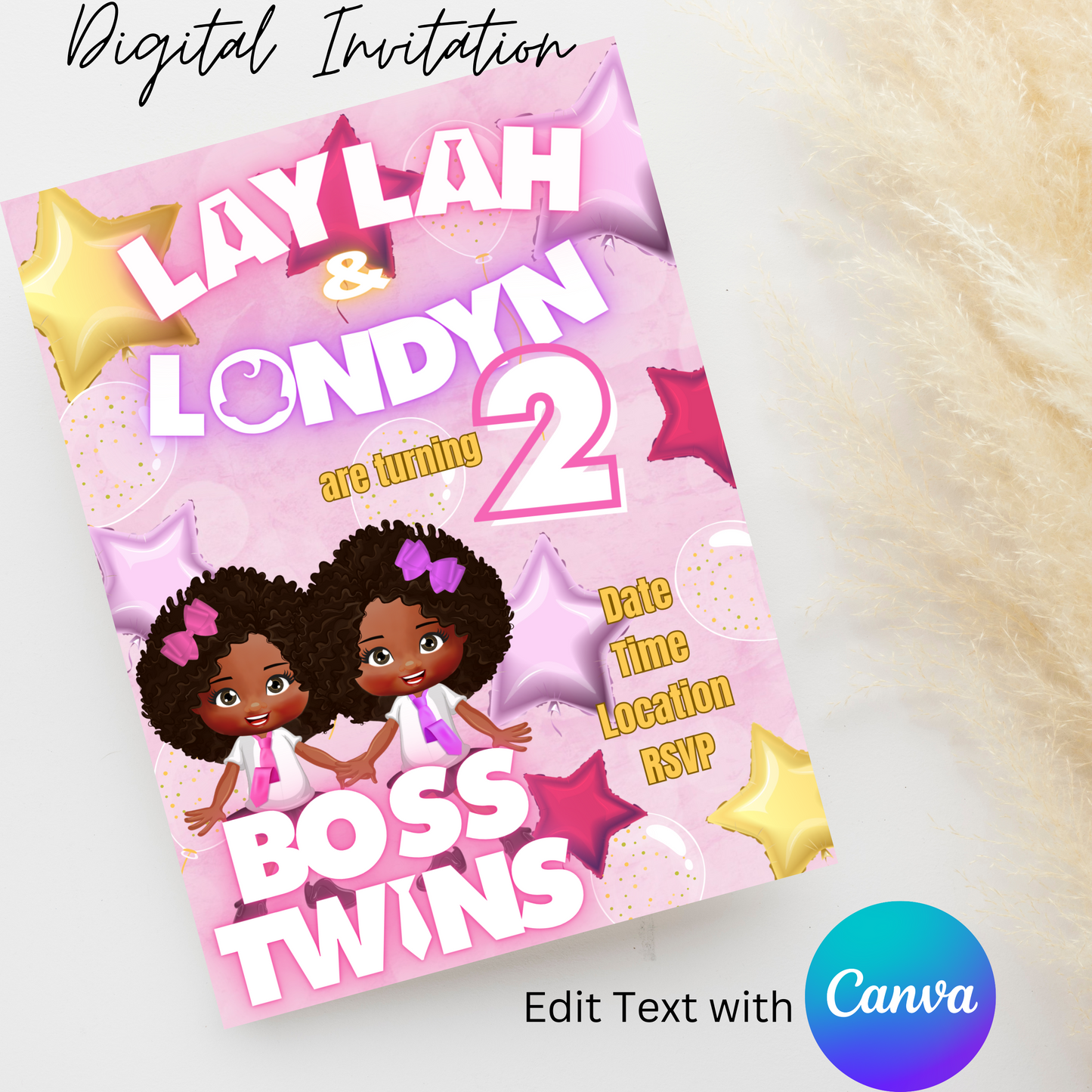 Boss Twins 5x7 Digital Invitation | Editable Text with  Canva | You Save | You Download | You Print | DIGITAL FILE ONLY