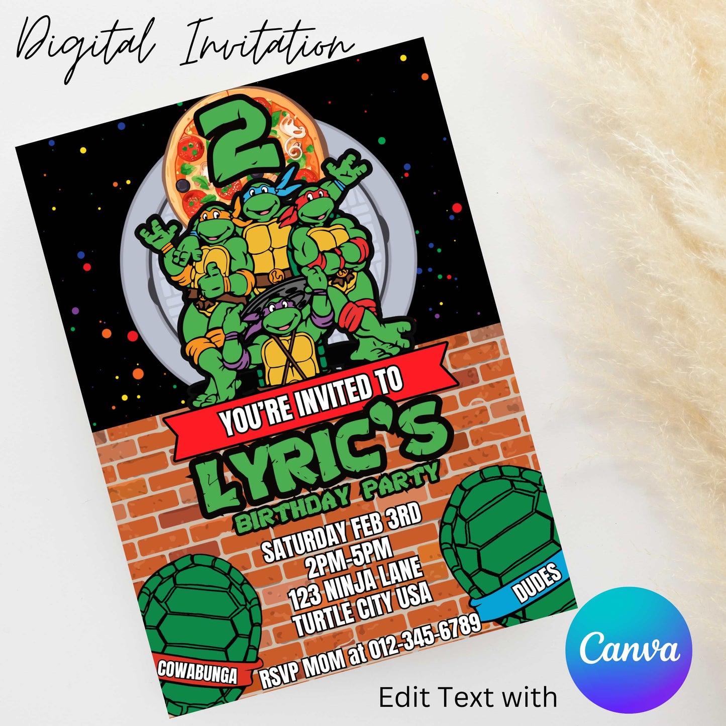 Ninja Turtle 5x7 Digital Invitation | Editable Text with  Canva | You Save | You Download | You Print | DIGITAL FILE ONLY