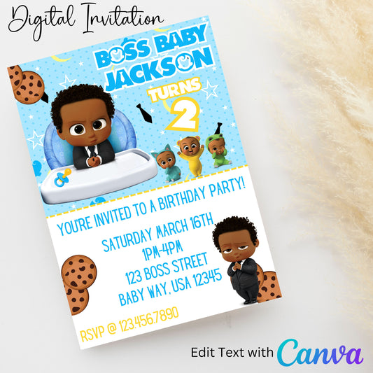 African American Boss Baby 5x7 Digital Invitation | Editable Text with  Canva | You Save | You Download | You Print | DIGITAL FILE ONLY
