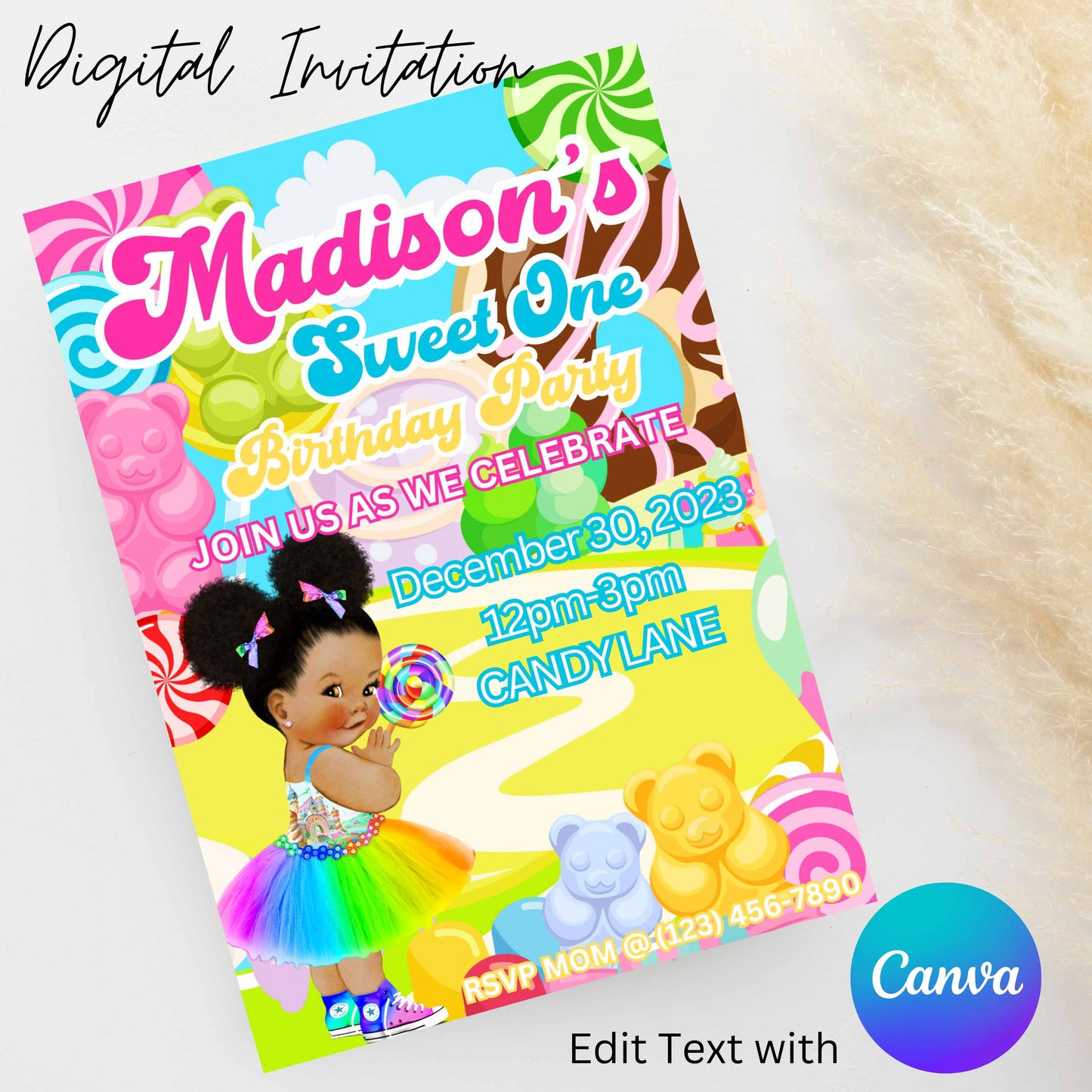 Candy Land 5x7 Digital Invitation | Editable Text with  Canva | You Save | You Download | You Print | Digital File Only