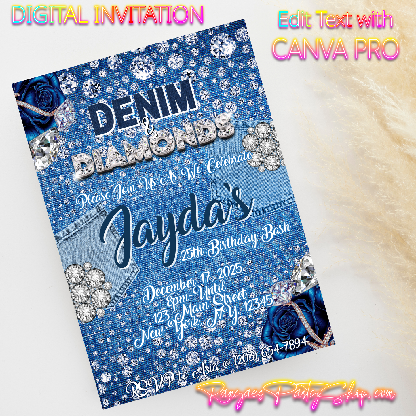 Denim & Diamonds 5x7 Digital Invitation | Denim & Diamonds Birthday Invite | Edit Text with CANVA PRO | Digital File Only