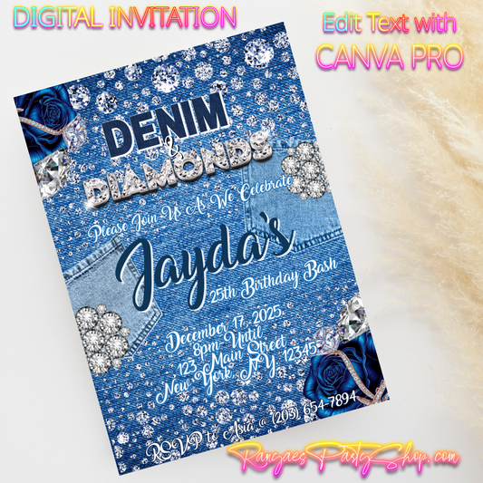 Denim & Diamonds 5x7 Digital Invitation | Denim & Diamonds Birthday Invite | Edit Text with CANVA PRO | Digital File Only
