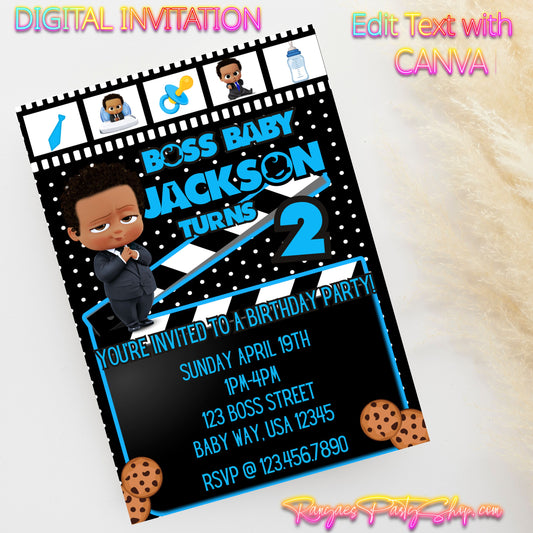 African American Boss Baby 5x7 Digital Invitation | Boss Baby Party Invite | Edit Text with CANVA | Birthday Party Invitation | Digital File Only