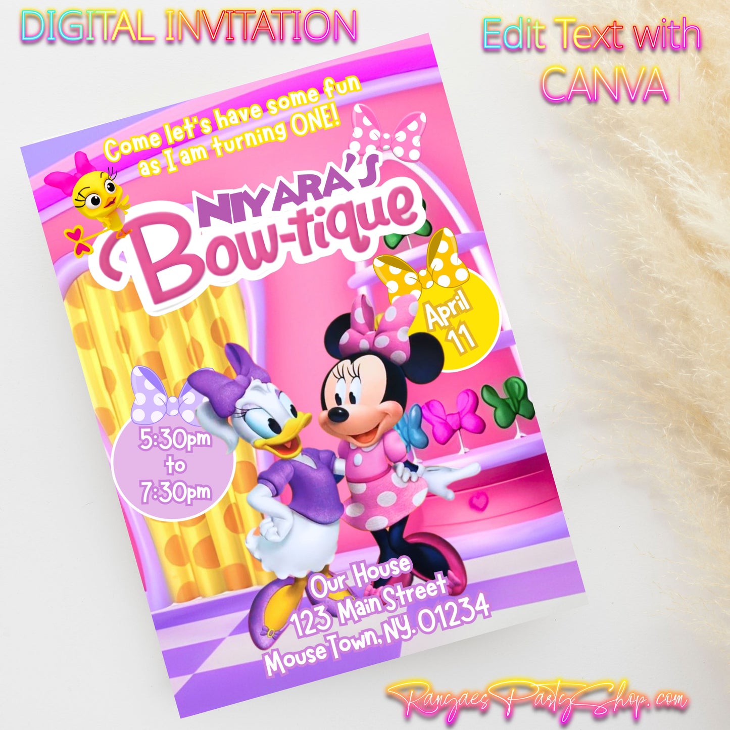 Minnie Bowtique 5x7 Digital Invitation | Minnie Bowtique Birthday Invite | Edit Text with CANVA | Digital File Only