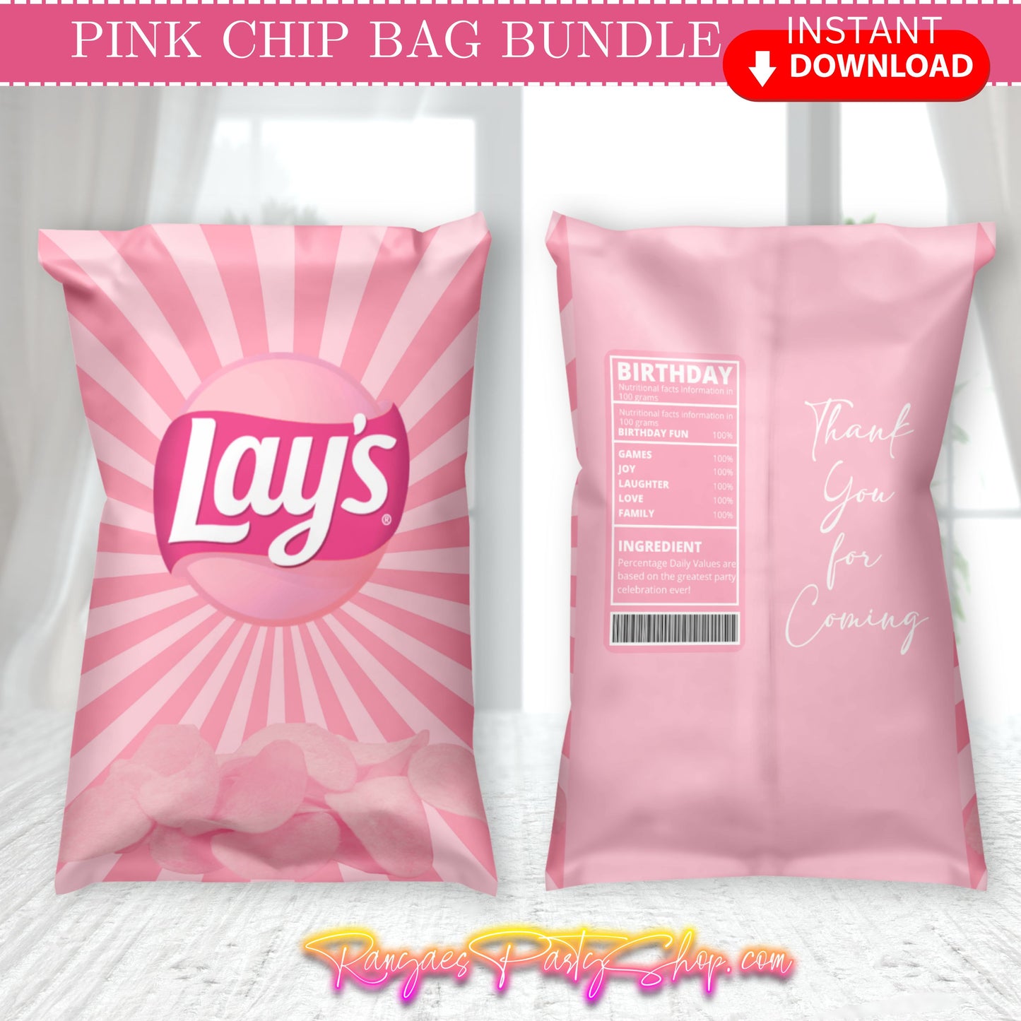 Pink Chip Bag Digital Files | Pink Party Chip Bags | INSTANT DOWNLOAD | Digital File Only | NON EDITABLE
