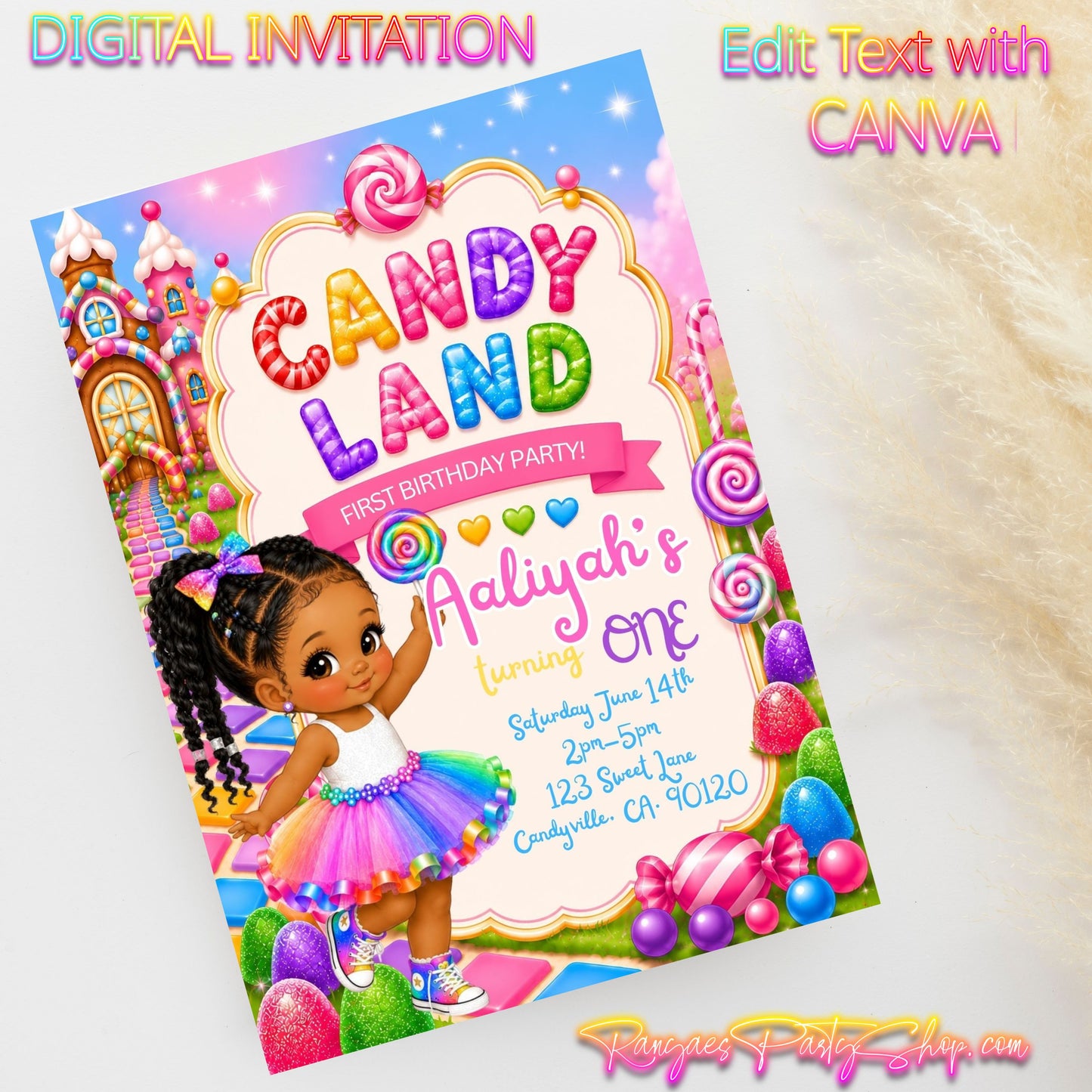 AA Candy Land  5x7 Digital Invitation | Candy Land Birthday Invite | Edit Text with CANVA | Digital File Only