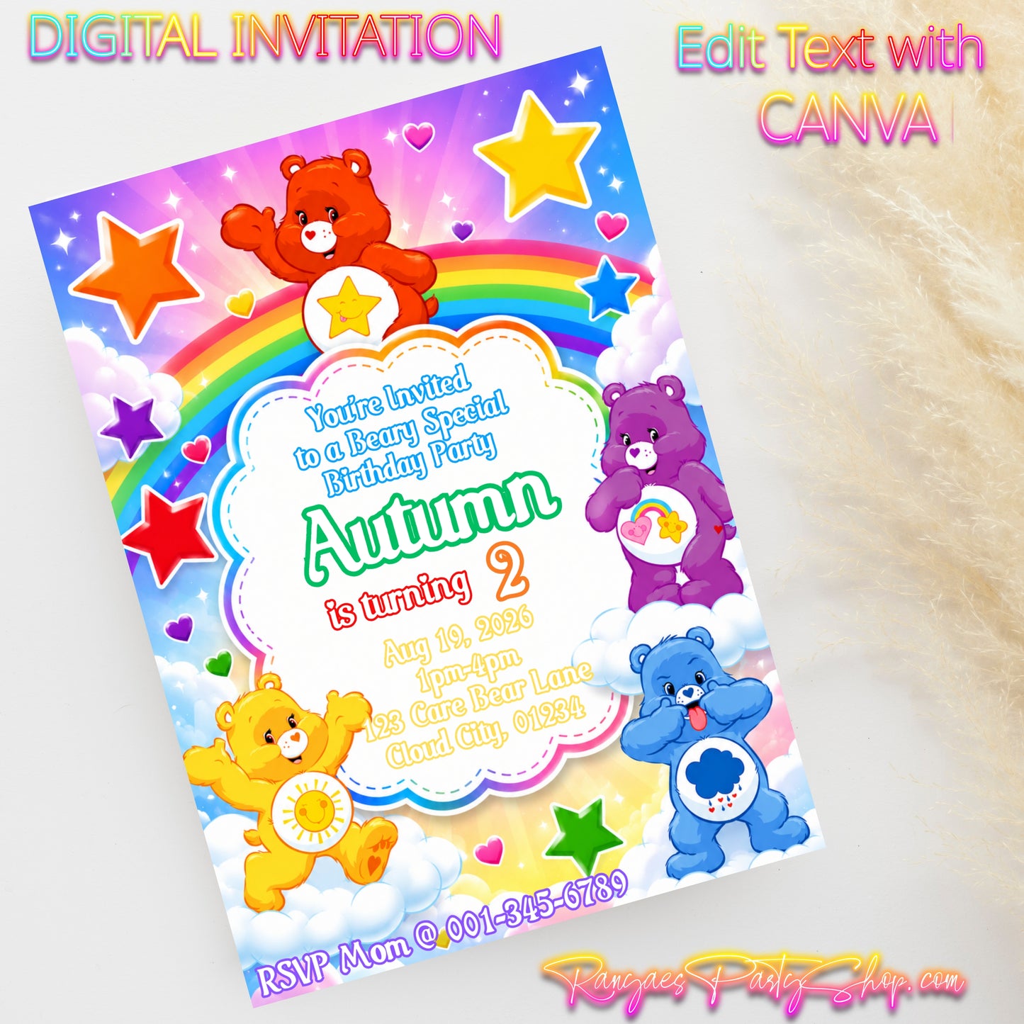 Care Bear 5x7 Digital Invitation | Care Bear Invite | Edit Text with CANVA | Digital File Only