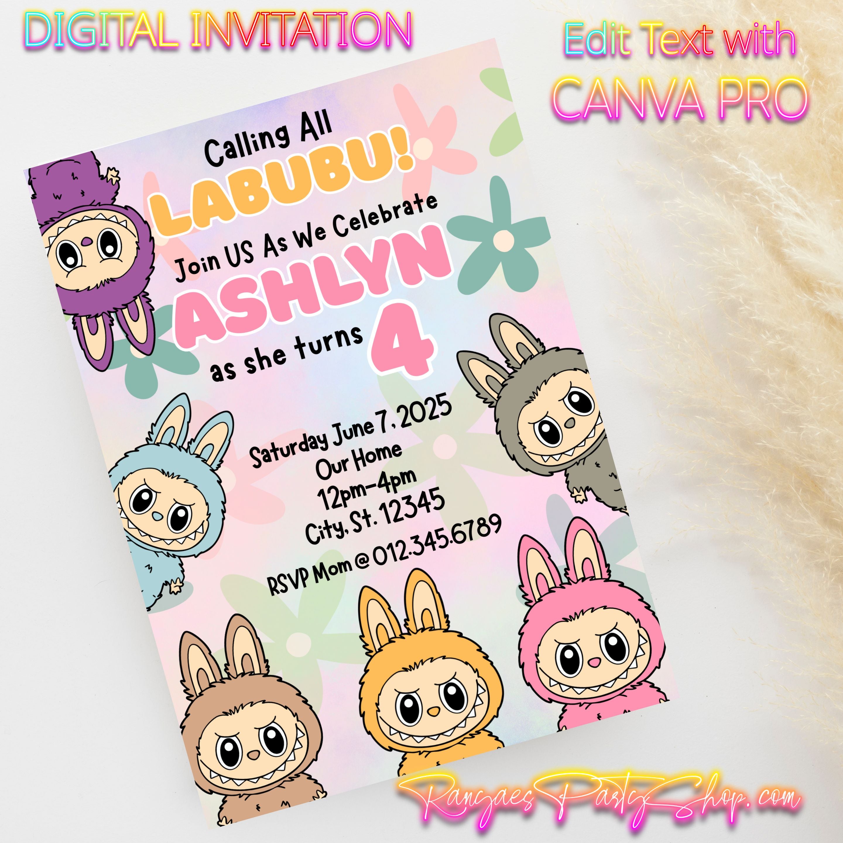 Labubu 5x7 Digital Invitation | Labubu Birthday Party Invite | Edit Te ...