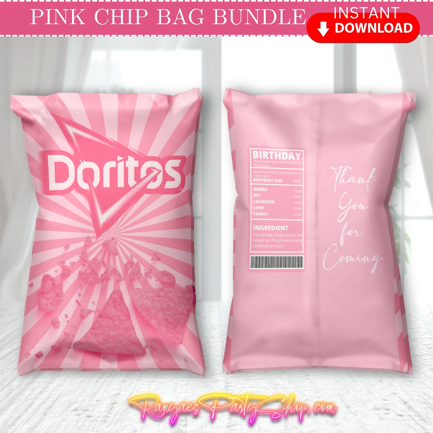 Pink Chip Bag Digital Files | Pink Party Chip Bags | INSTANT DOWNLOAD | Digital File Only | NON EDITABLE