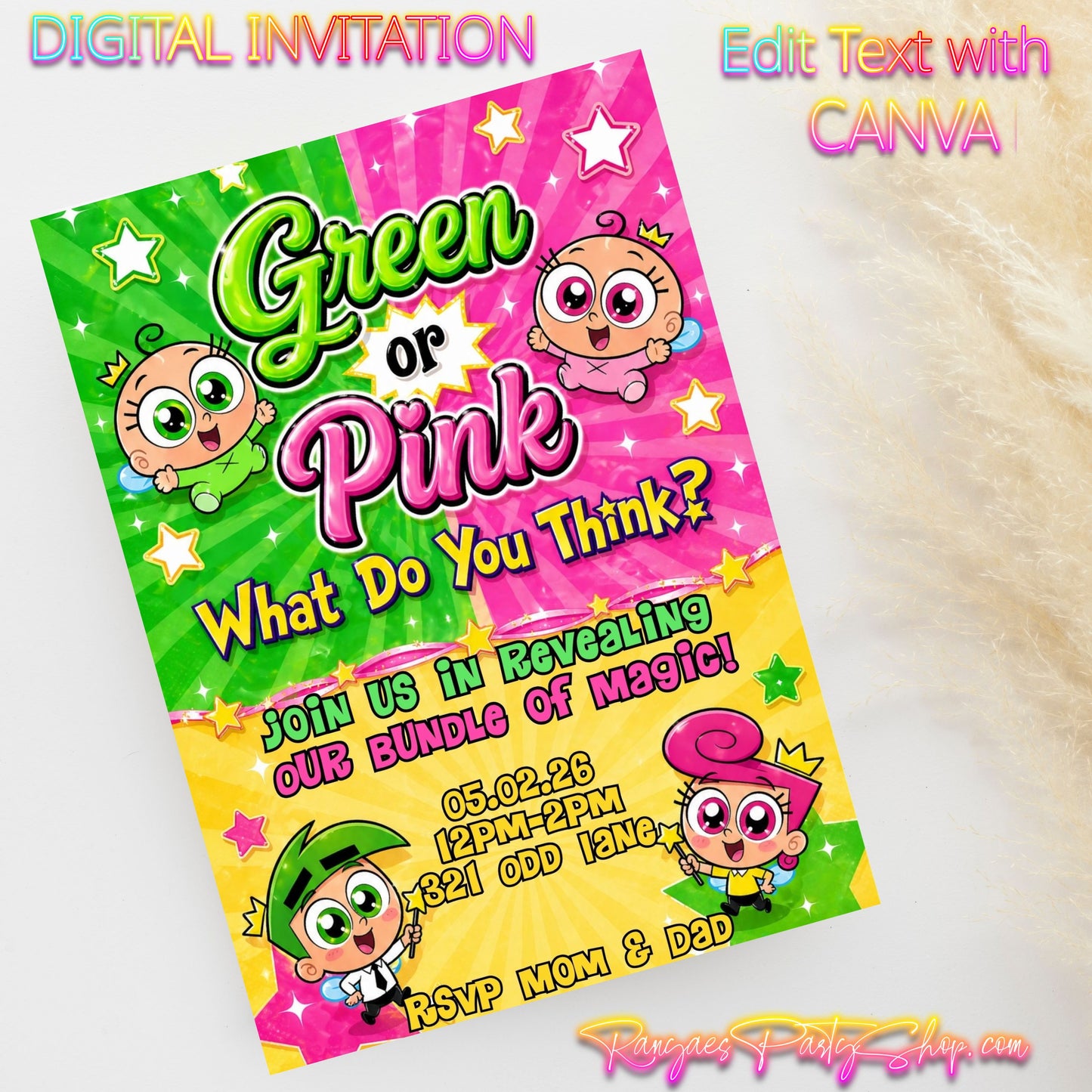 Fairly Oddparents Gender Reveal 5x7 Digital Invitation | Cosmo or Wanda Gender Reveal | Edit Text with Canva Pro | Digital File Only