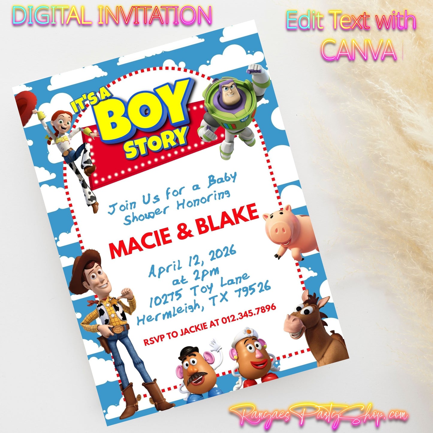 Boy Story 5x7 Digital Invitation | Boy Story Baby Shower Invite | Edit Text with Canva | Digital File Only