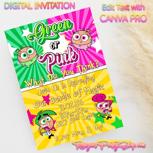 Oddparents Gender Reveal 5x7 Digital Invitation | Cosmo or Wanda Gender Reveal | Edit Text with Canva Pro | Digital File Only