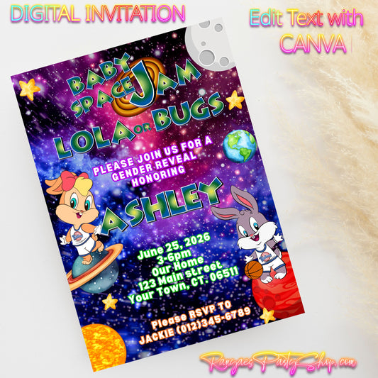 Lola or Bugs Space Jam Gender Reveal 5x7 Digital Invitation | Space Jam Baby Gender Reveal Invite | Edit Text with Canva | Lola or Bugs | Digital File Only