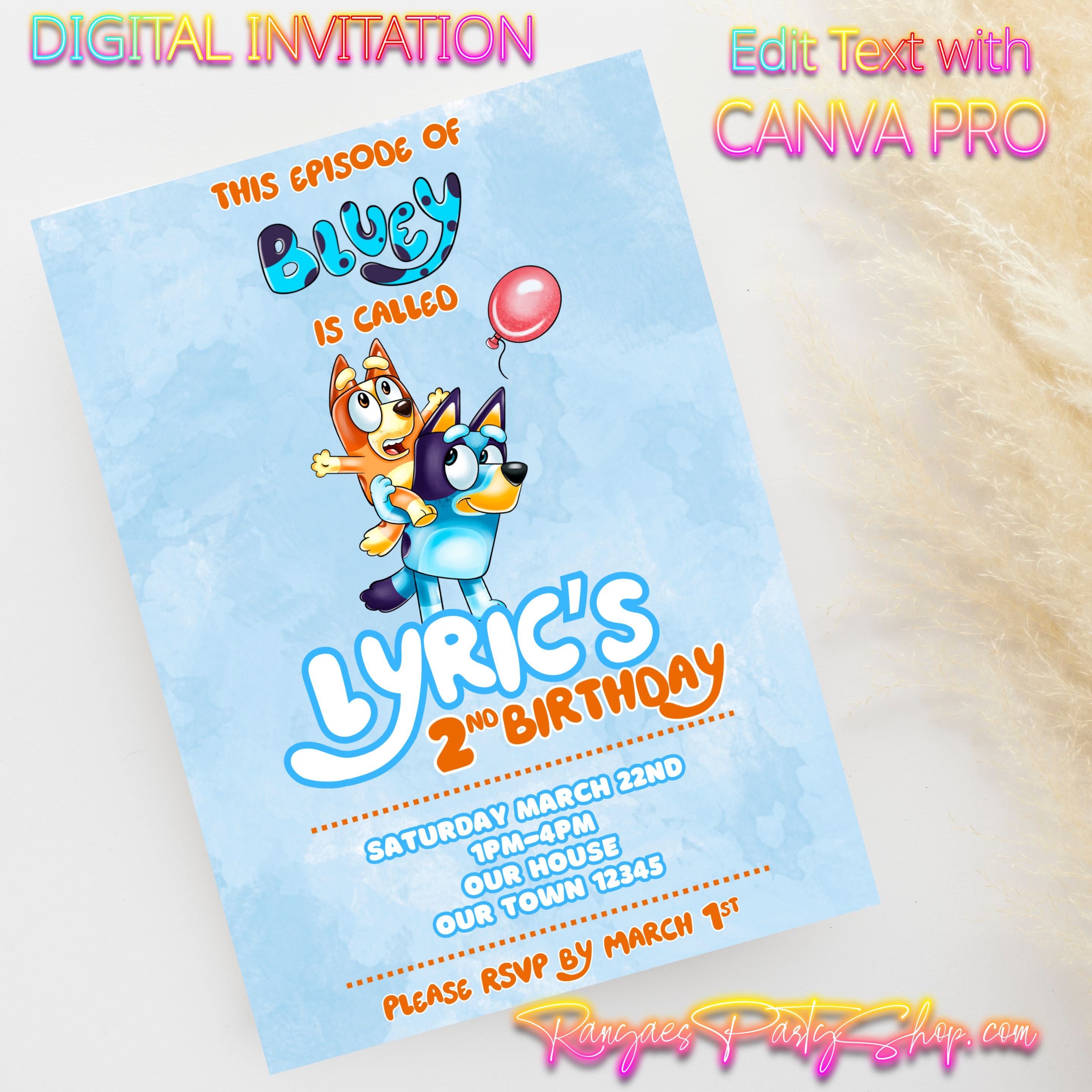 Bluey 5x7 Digital Invitation | Bluey Party Invite | Edit Text with CAN ...